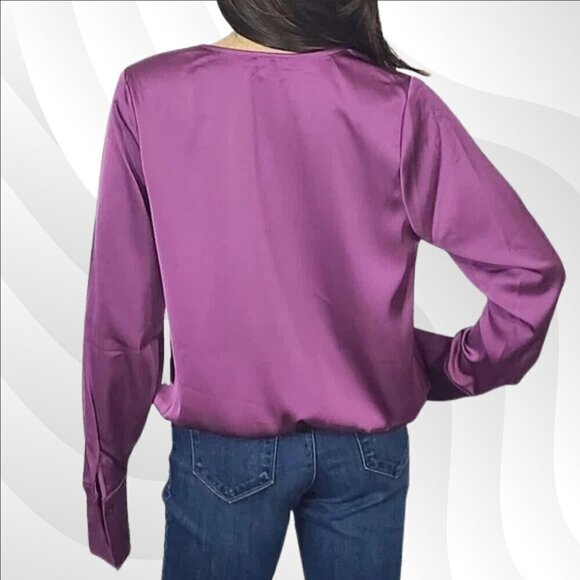 2/$50 Good American Purple Stretch Satin Faux Wrap Blouse Size 2 - Picture 4 of 8